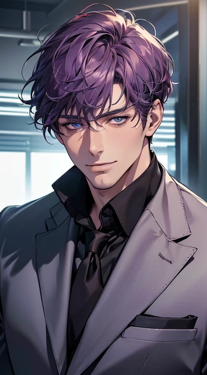 (best quality,4k,8k,highres,masterpiece:1.2),ultra-detailed,(realistic,photorealistic,photo-realistic:1.37),1 man,31 years old,mature man,very handsome,without expression,smile,short purple hair,blue eyes,penetrating gaze,perfect face without errors,imposing posture,businessman,office background,cinematic lighting,hdr image