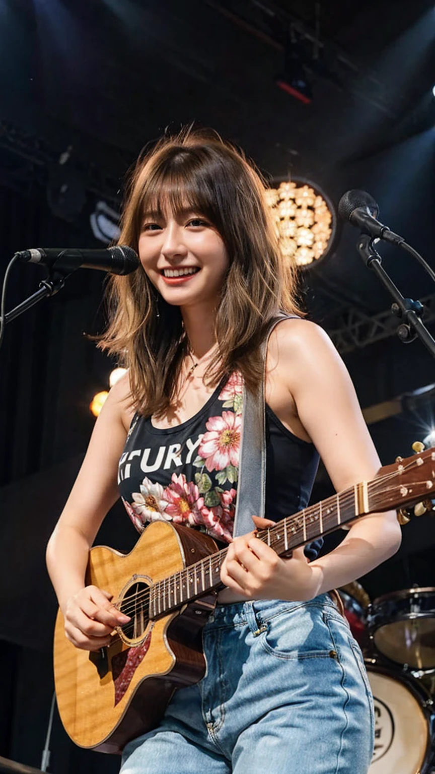 ((best quality)), photorealistic, photorealism, Photorealistic, high resolution、 black t shirt、Red checked long pants, JK Style、sheer floral t shirt、smile、A superb beauty、Super cute、ennui、Rare beauty、short hair、Black Dark Eyeshadow、Sad、white skin、pale skin, short hair straightener、Cute Smile、Fragrant beauty、Mastepiece、Best Quality、Refers to 5 books、Sweat glistening on my chest、Sweat glistening on my face、Small breasts、Blonde hair、Age 20 years old、Mysterious look、A sad expression、Blonde Hair、enchanting castle、Sweating profusely all over the body、A lot of sweat and light on the thighs、Shiny thighs、Plenty of sweat glistening on the thighs、A large amount of sweat glistens on my thighs、Sweating profusely、Gal、Medium breasts、beautiful face、Alluring expression、Thin thighs、Playing electric guitar、I have an electric guitar、Sing a song enthusiastically、Playing guitar in a band、Playing guitar chords、Live House Background、Sing a song、Open your mouth、Live house scenery、Glamorous live stage、Dynamic Angle、cinematic lighting