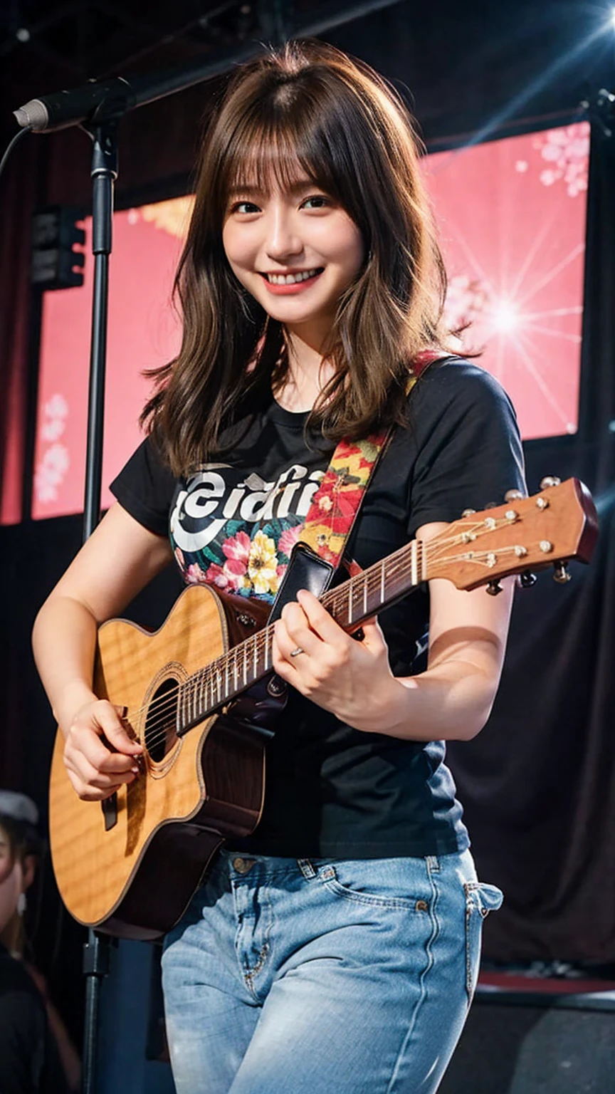 ((best quality)), photorealistic, photorealism, Photorealistic, high resolution、 black t shirt、Red checked long pants, JK Style、sheer floral t shirt、smile、A superb beauty、Super cute、ennui、Rare beauty、short hair、Black Dark Eyeshadow、Sad、white skin、pale skin, short hair straightener、Cute Smile、Fragrant beauty、Mastepiece、Best Quality、Refers to 5 books、Sweat glistening on my chest、Sweat glistening on my face、Small breasts、Blonde hair、Age 20 years old、Mysterious look、A sad expression、Blonde Hair、enchanting castle、Sweating profusely all over the body、A lot of sweat and light on the thighs、Shiny thighs、Plenty of sweat glistening on the thighs、A large amount of sweat glistens on my thighs、Sweating profusely、Gal、Medium breasts、beautiful face、Alluring expression、Thin thighs、Playing electric guitar、I have an electric guitar、Sing a song enthusiastically、Playing guitar in a band、Playing guitar chords、Live House Background、Sing a song、Open your mouth、Live house scenery、Glamorous live stage、Dynamic Angle、cinematic lighting