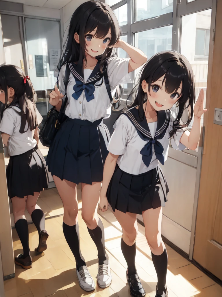 Girl in uniform、Group of 2、Greet the teacher in a salute style、A big smile、Sailor suit、mini skirt、Visible in the distance