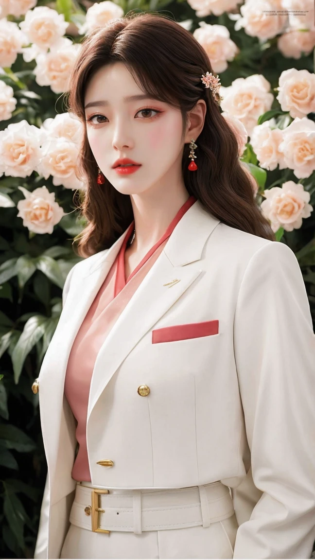 fully body photo，((pores))，fashion magazine，ultrarealism oil painting，（Pure white parrot），white business suit，DEEP-V COLLAR，（long haired neutral woman），((a mature female))，Pink big breasts，Plant cover background，The style of artist Bruce Zheng，shinny hair，cowboy lens，art-deco，Verism，blooms，Award-Awarded，retinas