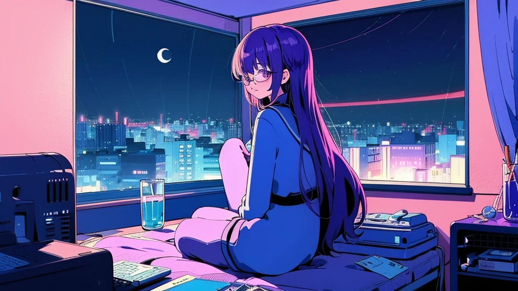 (from behind), Anime girl sitting in front of a computer in a cozy bedroom, Girl listening to music while studying in a cozy room (night), Using headphones, on the roof, (beautiful night views from windows), lots of things, 2D anime style, The aesthetics of anime in the 90s, lo-fi, long hair, very detailed, Hard disk, A mix of anime style and Fujifilm, surreal, 8K, masterpiece, violet eyes,black gloves, round glasses, long sleeves,violet hair, round glasses, Flat Chest, smile, pantyhose