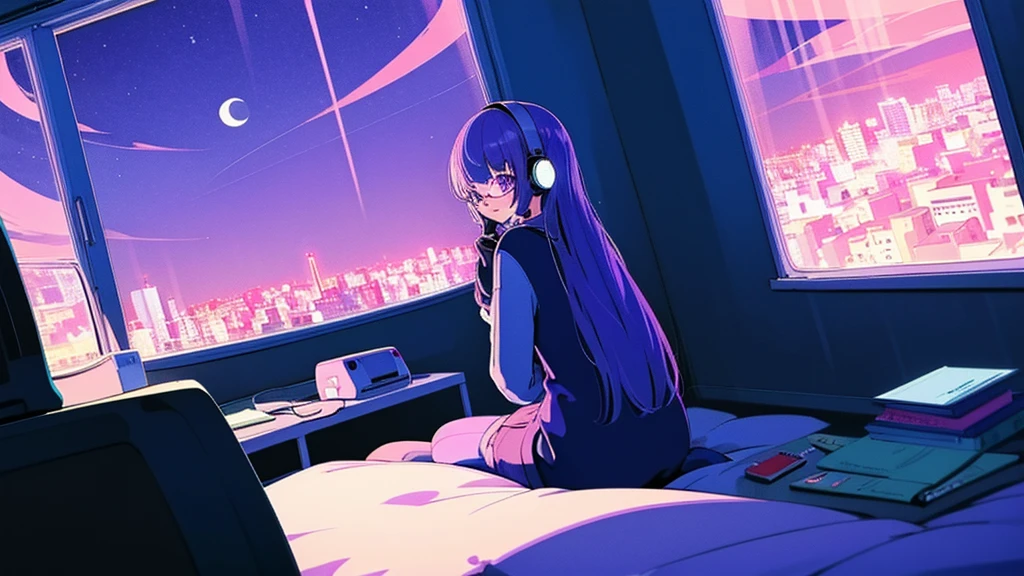 (from behind), Anime girl sitting in front of a computer in a cozy bedroom, Girl listening to music while studying in a cozy room (night), Using headphones, on the roof, (beautiful night views from windows), lots of things, 2D anime style, The aesthetics of anime in the 90s, lo-fi, long hair, very detailed, Hard disk, A mix of anime style and Fujifilm, surreal, 8K, masterpiece, violet eyes,black gloves, round glasses, long sleeves,violet hair, round glasses, Flat Chest, smile, pantyhose
