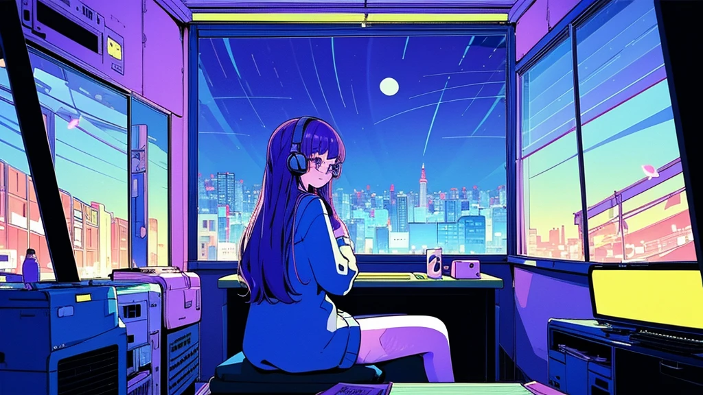 (from behind), Anime girl sitting in front of a computer in a cozy bedroom, Girl listening to music while studying in a cozy room (night), Using headphones, on the roof, (beautiful night views from windows), lots of things, 2D anime style, The aesthetics of anime in the 90s, lo-fi, long hair, very detailed, Hard disk, A mix of anime style and Fujifilm, surreal, 8K, masterpiece, violet eyes,black gloves, round glasses, long sleeves,violet hair, round glasses, Flat Chest, smile, pantyhose