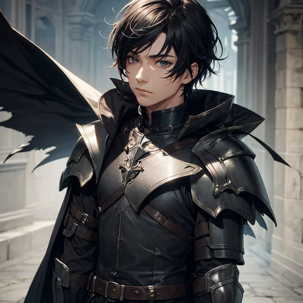 masterpiece, best quality, 1man, adult, male focus, solo, medium hair, black hair,, looking at viewer, cape, High quality metal texture, overcoat, closed mouth, upper body, bangs, high collar,(kbxll:0.6), Fantasy aesthetics, Highly detailed, shadowverse style, armored gloves, metallic gloves, black armor