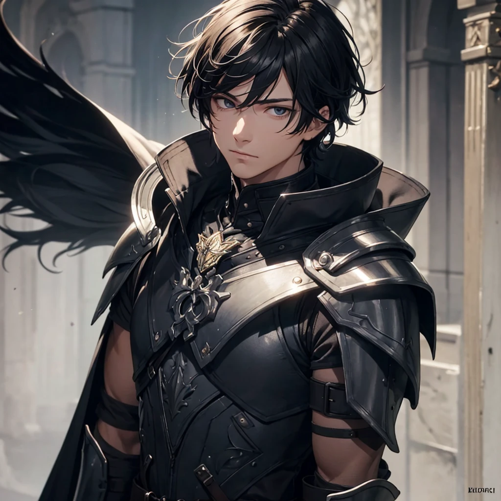 masterpiece, best quality, 1man, adult, male focus, solo, medium hair, black hair,, looking at viewer, cape, High quality metal texture, overcoat, closed mouth, upper body, bangs, high collar,(kbxll:0.6), Fantasy aesthetics, Highly detailed, shadowverse style, armored gloves, metallic gloves, black armor