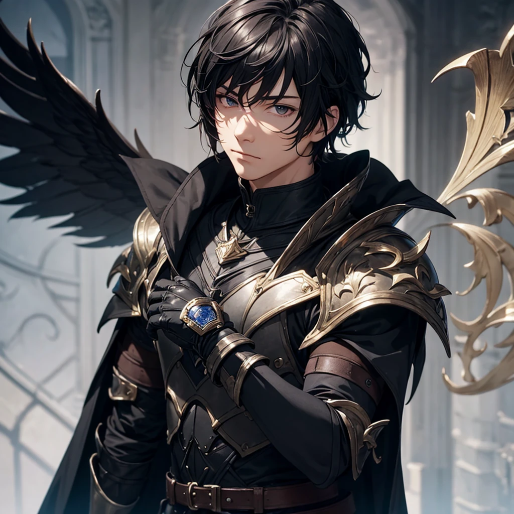 masterpiece, best quality, 1man, adult, male focus, solo, medium hair, black hair,, looking at viewer, cape, High quality metal texture, overcoat, closed mouth, upper body, bangs, high collar,(kbxll:0.6), Fantasy aesthetics, Highly detailed, shadowverse style, armored gloves, metallic gloves, black armor
