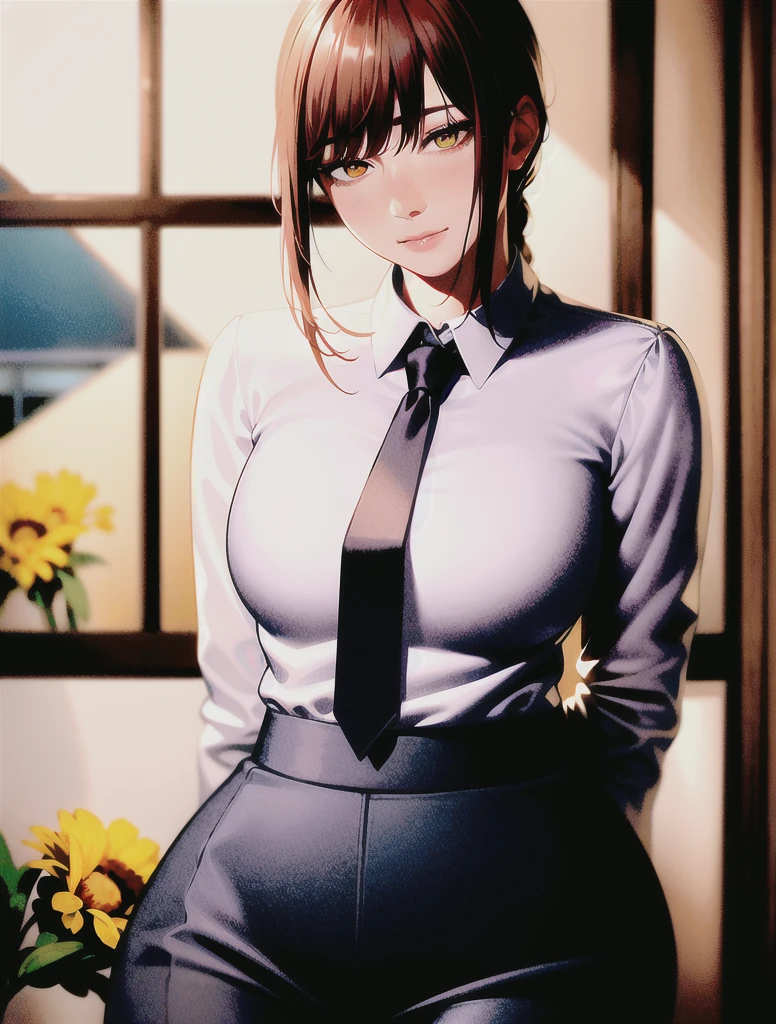detailed shiny skin, (realistic, photo-realistic:1.4), a pretty girl, standing, looking out of window, white shirt, collared shirt, black necktie, black trousers, long sleeves, slight smile (nose blush), yellow eyes + ringed eyes, short hair + red hair + long braided hair, makima \(chainsaw man\)