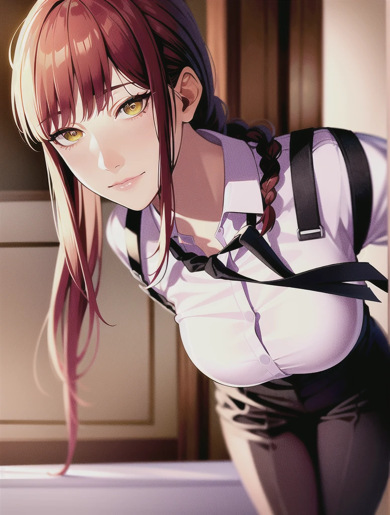 detailed shiny skin, (realistic, photo-realistic:1.4), a pretty girl, standing, looking out of window, white shirt, collared shirt, black necktie, black trousers, long sleeves, slight smile (nose blush), yellow eyes + ringed eyes, short hair + red hair + long braided hair, makima \(chainsaw man\)