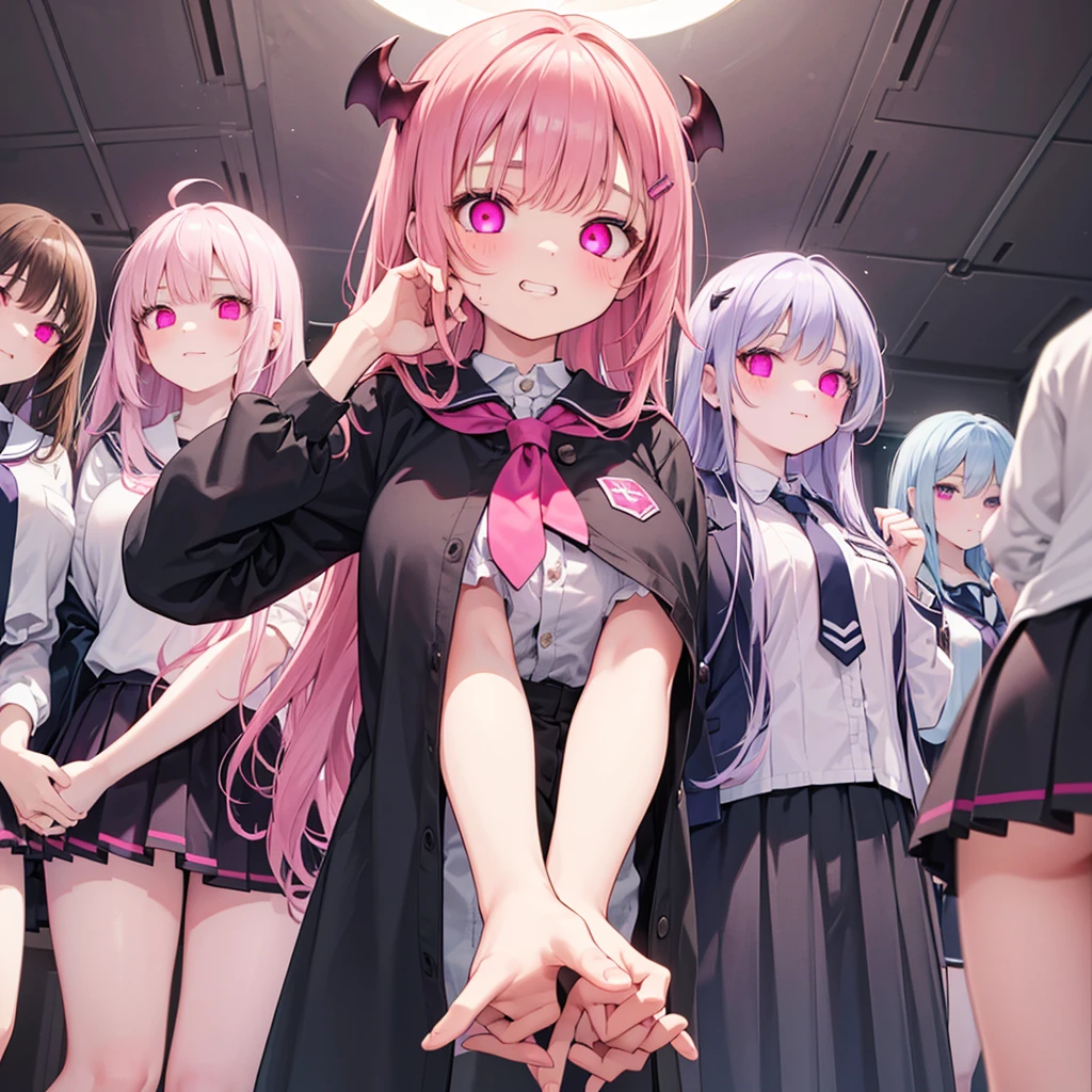 Details、Ultra-detail、masterpiece、top-quality、Beautiful fece、A detailed eye、 、(focus panties), (I look up at the five girls from the ground.)、(Five girls are standing in a circle around me, looking down at me.:1.5)、circle、(seductive grin), (((5 giant girls)))、((angle from below)), 5 young face, (thighs), 5panties, (angle from under 5 girls),baby face,mesugaki,5 succubuses,(Pink ribbon:1.1)、(Two-side-up)、Pink tie、pink bra、Shady face、Light pink hair、malicious smile、Bruises and ugly facial features、Young features、(Lori:1.2)、long-sleeve、puffy sleeves fluffy hair、Elementary school girls、Short stature、Chiquita、Colossal tits、(Put your hand on your face)、Buriko、Ruffled uniforms、hair clips、(Ridicule:1.1)、looking-down、Looking from below、Being looked down upon by girls、(Looking from below:1.2)、ultra gigantic tits、Pink heart symbol、Mass of heart、(Heart Effect:1.1)、(heart mark:1.1)、demon tail、Devil's Tail、Succubus、(ultra gigantic tits:1.3), (6+girls,multiple girls, crowd:1.3),