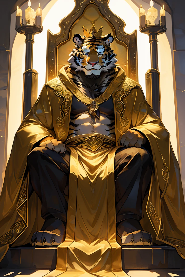 (A gold and white tiger in a golden robe sits on a throne),Golden Tiger Robe, The God-Emperor of Mankind, Hot topics on artstation pixiv,(Wearing a golden robe),king'Portrait,16K,High quality and detailed art,《Genshin Impact》Morax,((Disney style)),((cartoon)),Publaz,(Tiger with golden and white skin:1.1),(((White and gold fur:1.2))),((various shades)), (The two eyes are not the same color,Students of different skin colors,One is golden,The other one is blue:1.5),(Muscular body:1.1),Perfect eyes,Handsome,(OK),Palace Background,(The emperor wore'crown:1.2),(非常Delicate face:1.5),(HD),(Perfect masterpiece),(close up:1.3),.(Different students),(Delicate face:1.6)