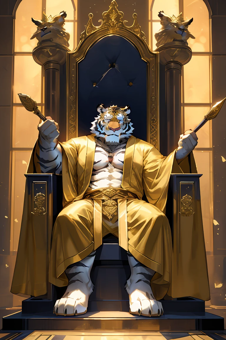 (A gold and white tiger in a golden robe sits on a throne),Golden Tiger Robe, The God-Emperor of Mankind, Hot topics on artstation pixiv,(Wearing a golden robe),king&#39;Portrait,16K,High quality and detailed art,《Genshin Impact》Morax,((Disney style)),((cartoon)),Publaz,(Tiger with golden and white skin:1.1),(((White and gold fur:1.2))),((various shades)), (The two eyes are not the same color，Students of different skin colors，One is golden，The other one is blue:1.5),(Muscular body:1.1),Perfect eyes,Handsome,(OK),Palace Background,(The emperor wore&#39;crown:1.2),(非常Delicate face:1.5),(HD),(Perfect masterpiece),(close up:1.3),.(Different students),(Delicate face:1.6)