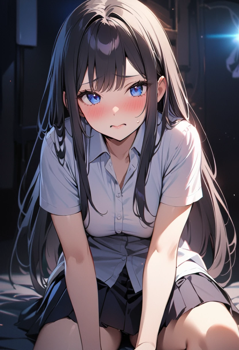 1 girl, long hair, black hair, straight hair, short bangs above brows, blue eyes, , white shirt, pleated skirt, embarrassed, blush, 
BREAK (masterpiece), (high resolution 8K), cinematic lighting, professional lighting, detailed eyes and face, detailed body, 
BREAK masturbation, (NSFW:1.2), 