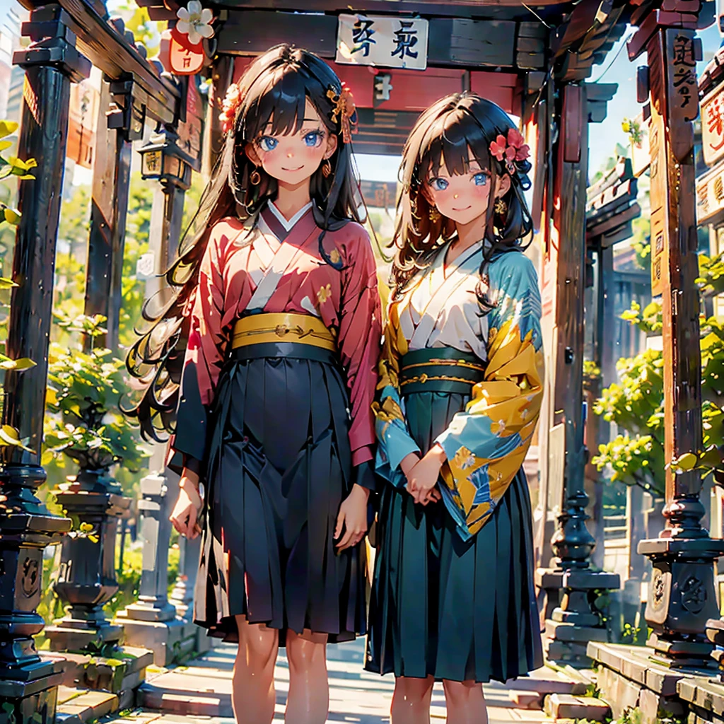 (masterpiece), (high resolution 8K), professional illustration,(1 girl), late teenage, standing, thigh focus, dutch angle, japanese clothes, kimono, hair ornament, long hair, smile, looking up, shrine, temple, torii, beautiful starry sky, natural lighting, high contrast, stunning face, symmetrical clear eyes, detailed eyes and face, detailed skin