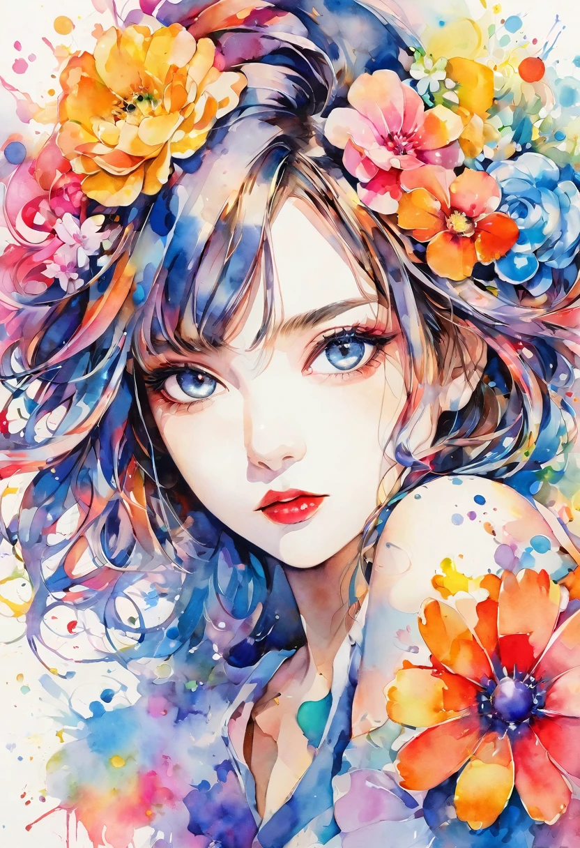 beautiful woman portrait, Sylvia Pelissero watercolors, colorful flowers、beautiful eyes、 abstract art, intense watercolor, watercolor detailed art, watercolor splash, surreal, avant-garde pop art, Beautiful and expressive paintings, Beautiful artwork illustration, very colorful tones, wonderful, cool beauty, highest quality,official art, women only, sharp outline, best shot, vector art, lips in love、 (((The strongest beautiful women of all time))), (((Japanese)))、clear, (((highest quality))), lips in love, HDR, ((Detailed details)), stylish fashion, detailed clothing texture, (((graffiti art))), colorful hair, ((masterpiece))、((Super detailed))