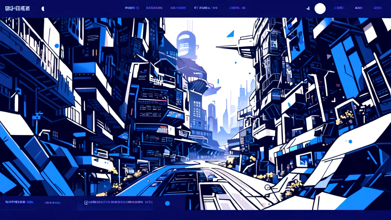 dark blue and other contrast color hero page ui ux theme website, contrast colors (mostly blue) theme, robotic city black and white silhouette