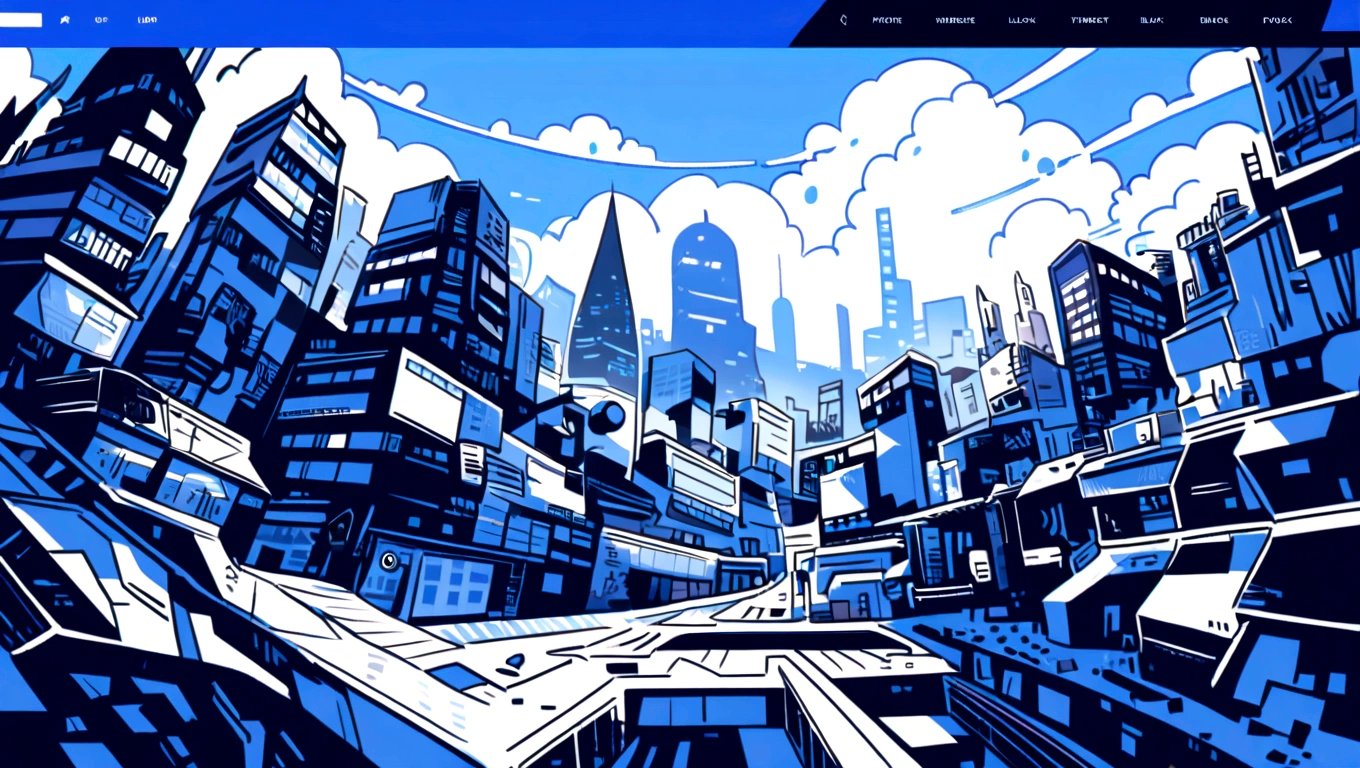 dark blue and other contrast color hero page ui ux theme website, contrast colors (mostly blue) theme, robotic city black and white silhouette