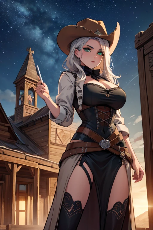 Perfect face, perfect hands. A young silver haired female cowboy with green eyes and an hourglass figure in a conservative and Gothic cowgirl outfit is watching the stars at night on the roof of a wild west home
