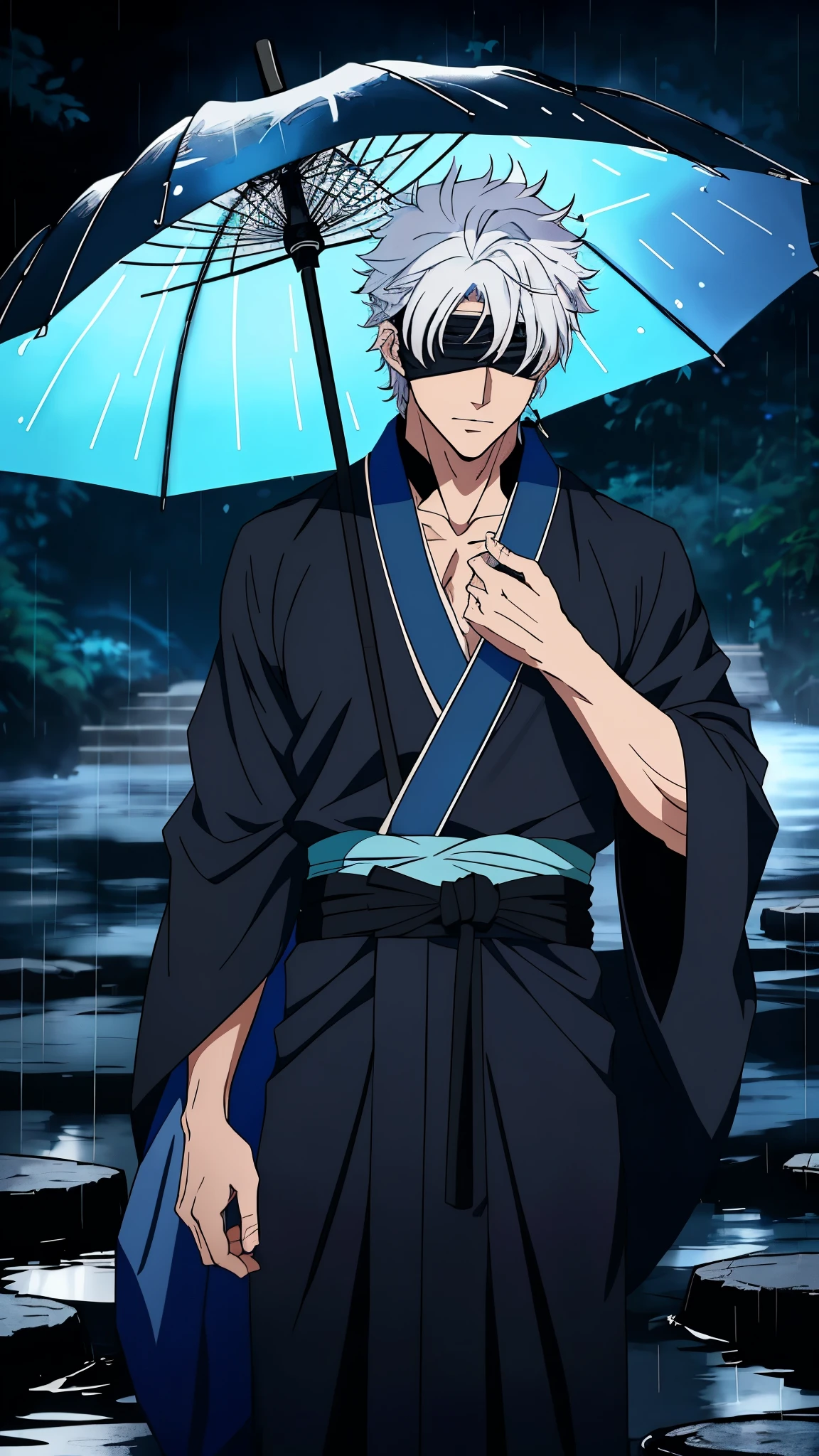 Menerjemahkan teks dengan kamera
a handsome and sexy male character with blue eyes, curly white hair, a black cloth as a blindfold, named "GOJO SATORU" wearing a kimono, pitch black, standing in the falling rainwater while holding an umbrella, with the effect of . 8k realistic HDR and a collection of bright blue butterflies.