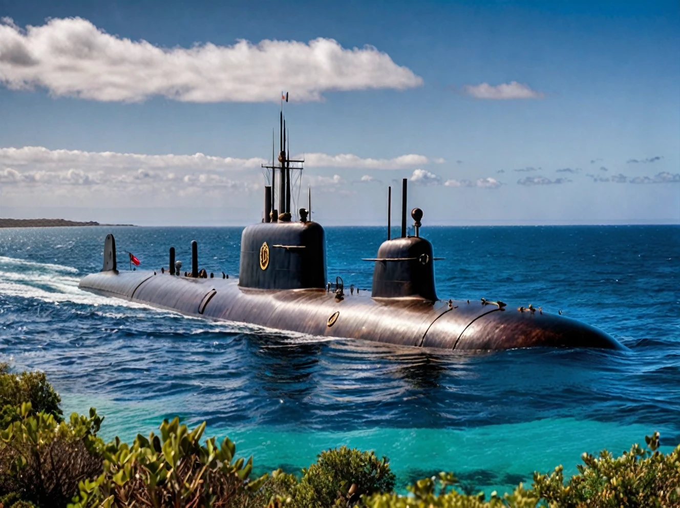 photo of the captain nemo submarine in the distance, nautilus submarine on the ocean, Madagascar coastline, Africa coast, outdoors, realistic scenery. very wide shot, landscape, film, professional, 4k