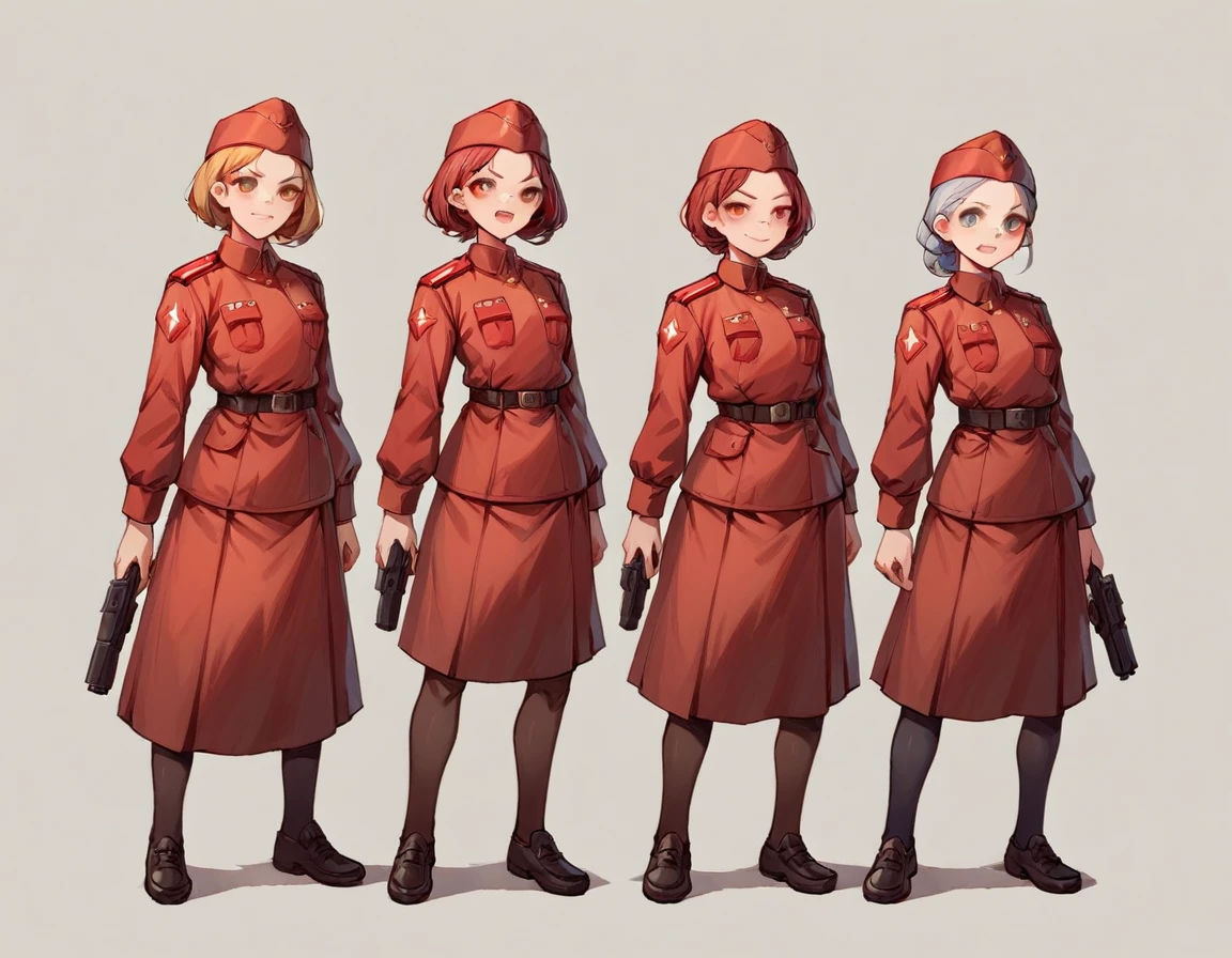 A platoon of girls wearing bright red military uniforms and long red skirts、A girl platoon leader wearing a red military uniform and a red long skirt and equipped with a handgun、Three girls in red uniforms and red long skirts, equipped with assault rifles、