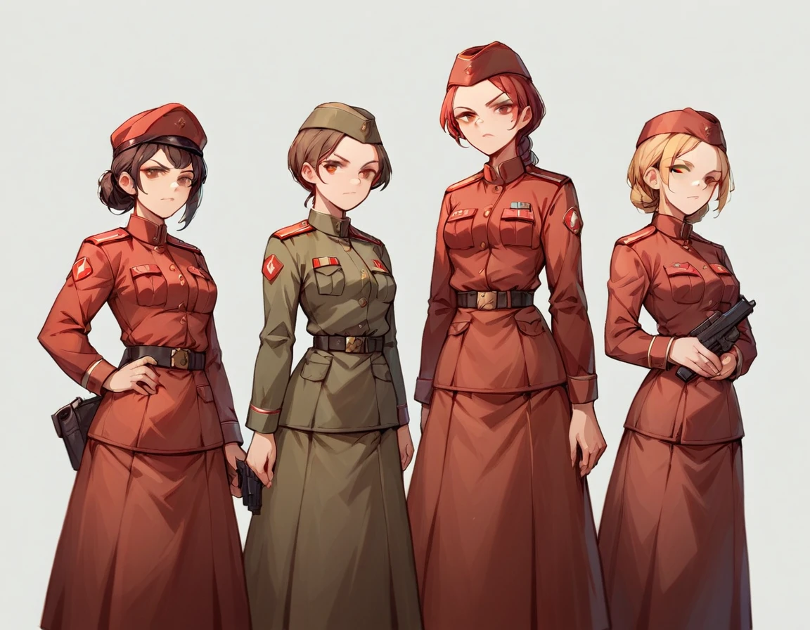 A platoon of girls wearing bright red military uniforms and long red skirts、A girl platoon leader wearing a red military uniform and a red long skirt and equipped with a handgun、Three girls in red uniforms and red long skirts, equipped with assault rifles、