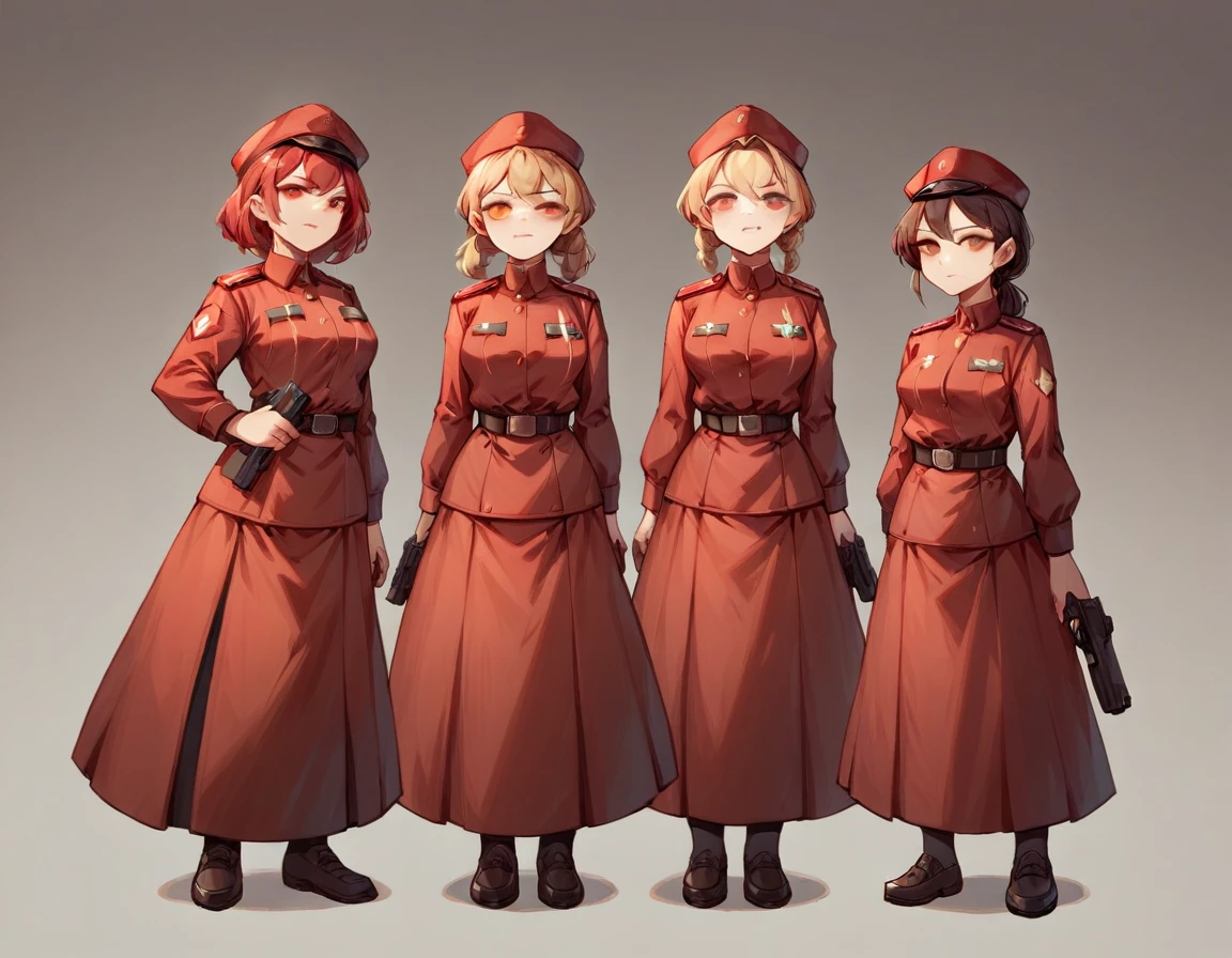 A platoon of girls wearing bright red military uniforms and long red skirts、A girl platoon leader wearing a red military uniform and a red long skirt and equipped with a handgun、Three girls in red uniforms and red long skirts, equipped with assault rifles、