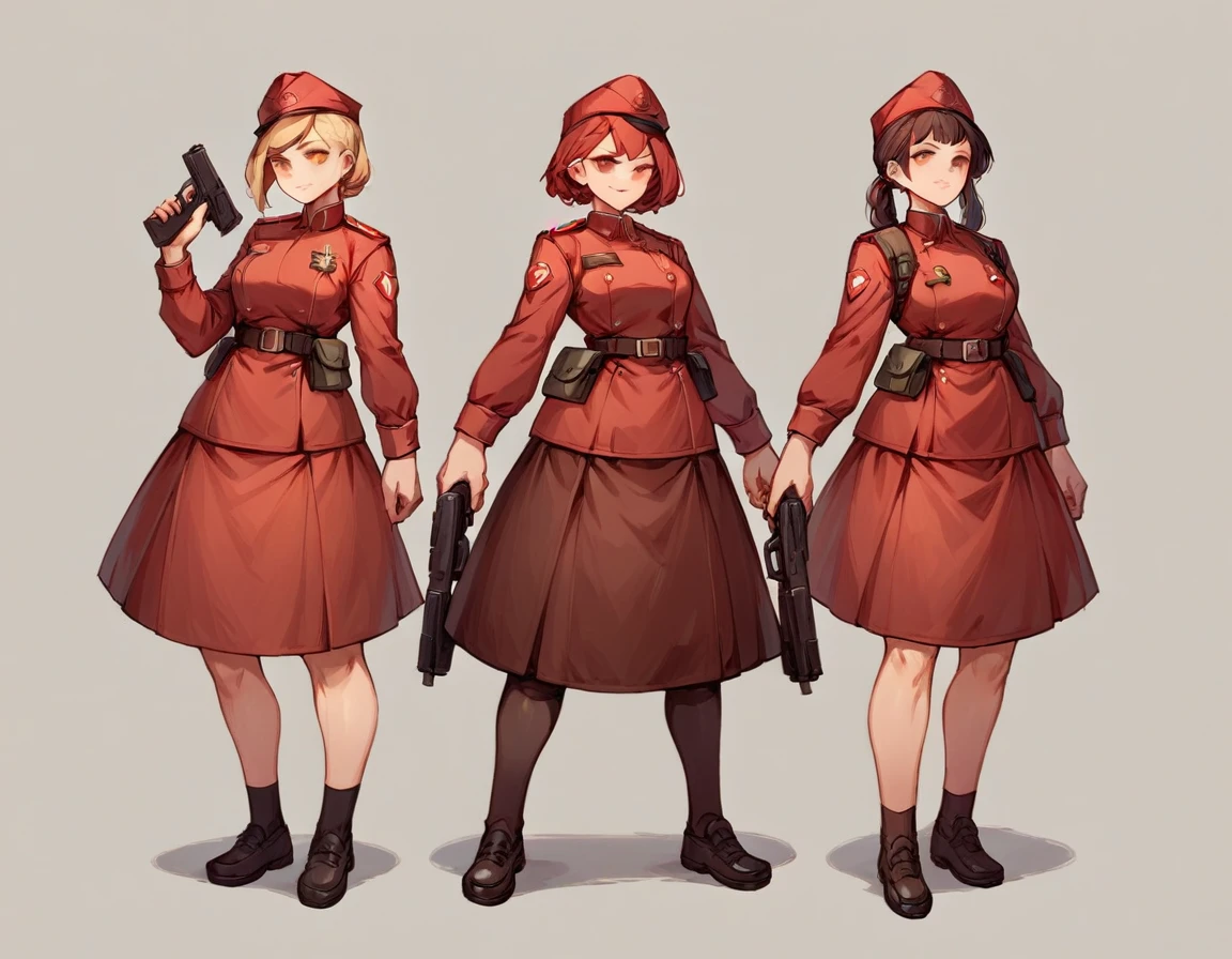 A platoon of girls wearing bright red military uniforms and long red skirts、A girl platoon leader wearing a red military uniform and a red long skirt and equipped with a handgun、Three girls in red uniforms and red long skirts, equipped with assault rifles、