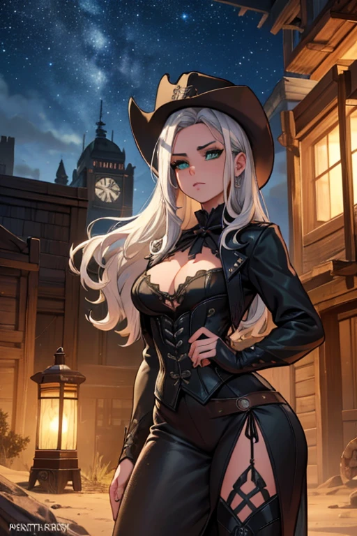 Perfect face, perfect hands. A young silver haired female cowboy with green eyes and an hourglass figure in a conservative and Gothic cowgirl outfit is watching the stars at night on the roof of a wild west home