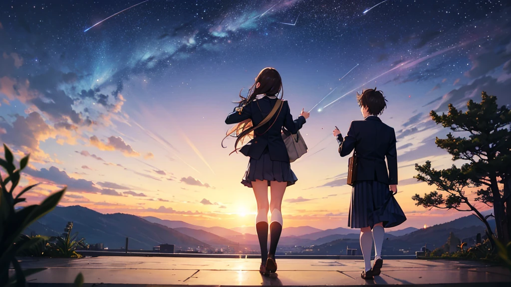 shooting star、woman、high school student、Brown Hair、Back view、uniform