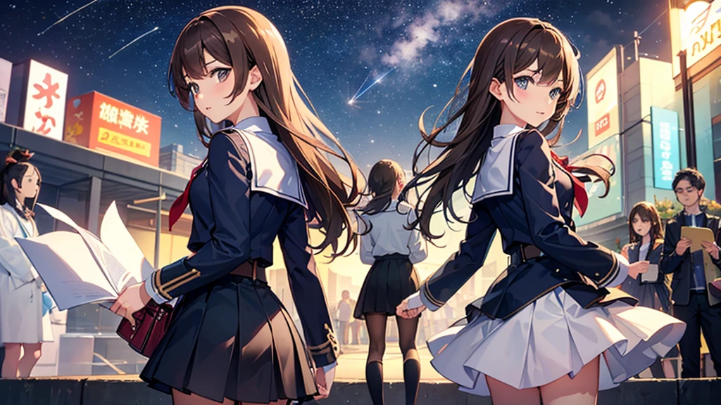 shooting star、woman、high school student、Brown Hair、Back view、uniform