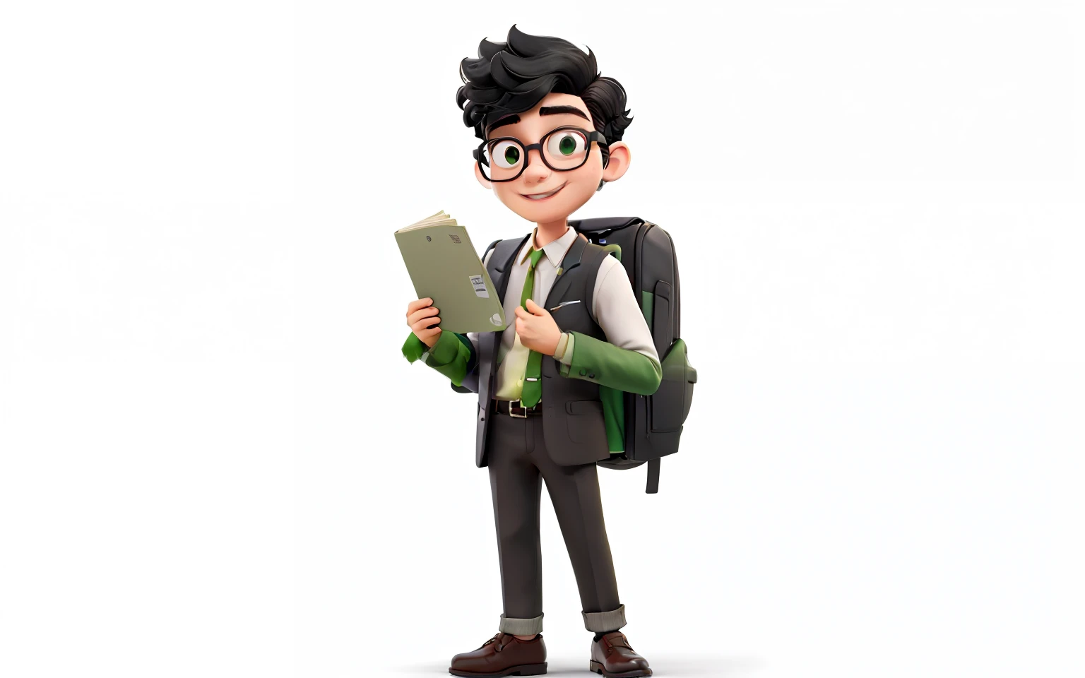 skin white, black hair short, wearing glasses round, young, wearing suit deep green, happy