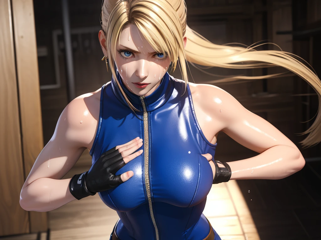 Sarah, blue eyes, very long hair, (shiny skin:1.2), (skinny girl:1.5), blonde hair, high ponytail, (detailed hair streaks:1.3), (free flowing hair streaks:1.3), floating hair, bodysuit, Shoulders exposed, (arms exposed:1.3), (medium breasts:1.3), (pushed up breasts:0.4), (curvy figure:0.7), (hands behind back:1.4), (red lipstick:0.9), (tight blue bodysuit:1.1), belt ,(sleeveless:1.6), zipper, boots, high heels, earrings, (short fingerless gloves:1.4), BREAK masterpiece, 1 girl, RAW photo, (best quality:1.2), extremely delicate beautiful, very detailed, 2k wallpaper, amazing, fine details, extremely detailed CG Unity 8k wallpaper, super detailed, high resolution, (beautiful detailed girl:1.2), perfect anatomy, (shiny clothes:0.6), Face full of scars、Skin shiny with sweat、 injured scared girl、 crying wet bursting out eyes, real tears streaming down face, ultra-detailed eyes,bandaid on face,covered with mud,expression of despair,Illumination that emphasizes shiny sweat{{{Spread }}},(crotch rope walking:1.0), (upper body:1.4), (Realistic, Photorealistic:1.0), (thin nose:1.2), (breast focus:1.3), high nose bridge, (blue clothes:1.2)