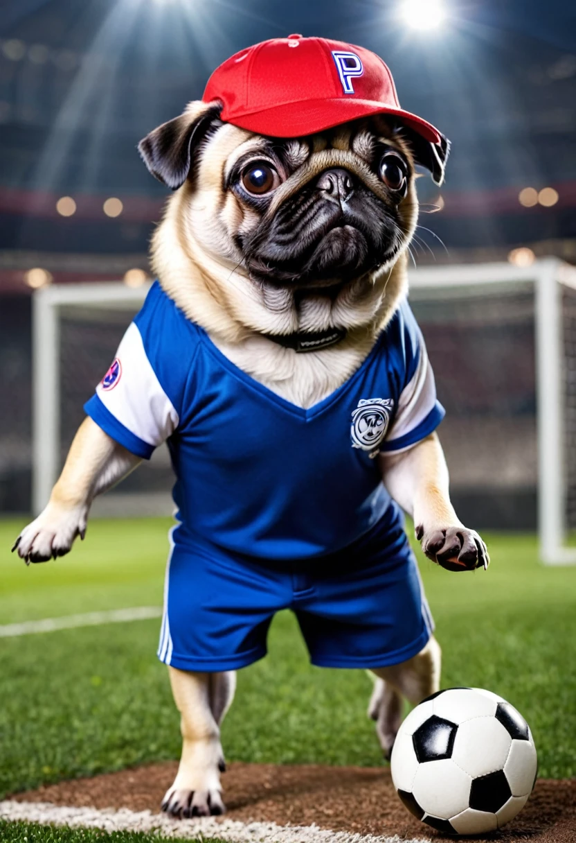 Sports Fan Pug: A scene with a pug wearing a cute sports team uniform。Wearing a baseball cap or soccer uniform、The way he poses energetically while holding the ball is adorable.。