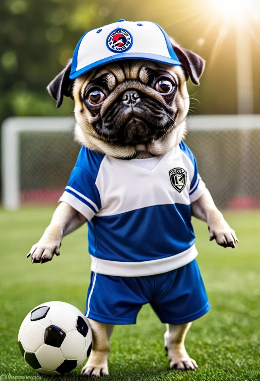 Sports Fan Pug: A scene with a pug wearing a cute sports team uniform。Wearing a baseball cap or soccer uniform、The way he poses energetically while holding the ball is adorable.。