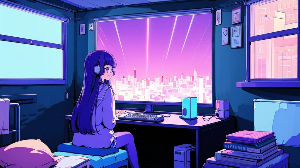 (from behind), Anime girl sitting in front of a computer in a cozy bedroom, Girl listening to music while studying in a cozy room (night), Using headphones, on the roof, (beautiful night views from windows), lots of things, 2D anime style, The aesthetics of anime in the 90s, lo-fi, long hair, very detailed, Hard disk, A mix of anime style and Fujifilm, surreal, 8K, masterpiece, violet eyes,black gloves, round glasses, long sleeves,violet hair, round glasses, Flat Chest, smile, pantyhose