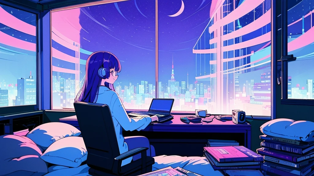 (from behind), Anime girl sitting in front of a computer in a cozy bedroom, Girl listening to music while studying in a cozy room (night), Using headphones, on the roof, (beautiful night views from windows), lots of things, 2D anime style, The aesthetics of anime in the 90s, lo-fi, long hair, very detailed, Hard disk, A mix of anime style and Fujifilm, surreal, 8K, masterpiece, violet eyes,black gloves, round glasses, long sleeves,violet hair, round glasses, Flat Chest, smile, pantyhose