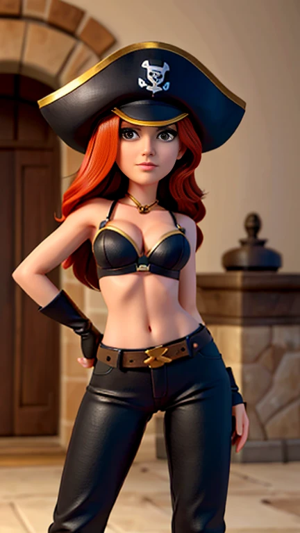 (Masterpiece, Best Quality)1.5, 1 girl, Alone, (sexy, beautiful woman, Perfect face, Perfect eyes)1.5, (Sarah Fortuna, miss fortune, black pants, knee high boots, black abdomen, cutlass sword, pirate hat, black bra, strap slip, bare shoulders, separate sleeves, wide white sleeves, pants ), (Standing inside the captain's room of a pirate ship)1.5, (Orange hair, Blue eyes), (medium breasts:1.5), (perfect female body:1.5), seductive smile, perfect lighting, seeds, HDR, 8K resolution, looking at the viewer,