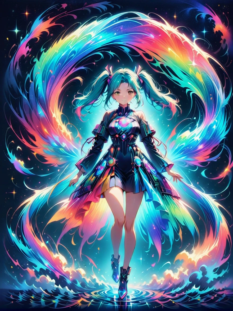 (A young woman with cyan hair in double ponytails:1.5)，Wearing a futuristic outfit，Consists of an electronic-themed dress，(She was wearing transparent high heels made of electronic elements.:1.3)，Her headband consists of a square-shaped emblem.，Hanging ribbons，The color palette includes cyan，black and white，The overall tone is colorful and vibrant，(Full body shot:1.5)，(Vision:1.5)