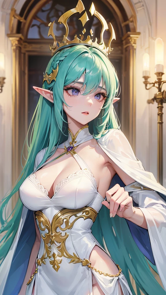 Photograph of the upper body of a beautiful woman, (nomal breasts, perfect body), Sharp focus, (proportional body , mature woman), ((Looking ahead)), (Highly detailed skin, hair follicles:1.4,),
( long hairstyles) (Green hair), (purple eyes) , angels  , elf ears, fantasy (wear white cape),  (white cloth), warriors , elegant, luxury, long skirts , gorgeous 
wear accessories , wear crowns , loyalty 