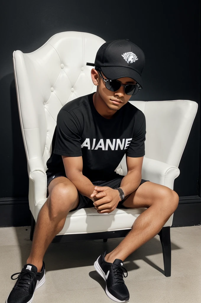 Create a 3D illusion picture where a boy in black shirt sits casually on a Wingback Chair. Wearing sneakers, a black cricket cap, and sunglasses, he looks ahead. The background features "Your Name" in big and capital white fonts on the black wall. There should not be his shadow, and there are wings to make it appear as if he is an angel.