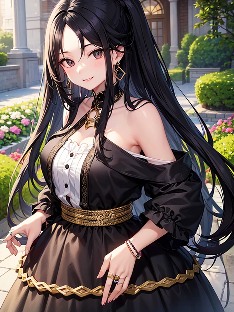 Long black hair、Hairstyle Half Up、black eye、woman、Face close-up、smile、garden、Ensemble outfit、Earrings、necklace、bracelet、ring、Decorations、Light