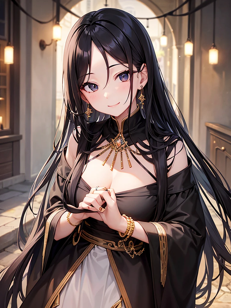 Long black hair、Hairstyle Half Up、black eye、woman、Face close-up、smile、garden、Ensemble outfit、Earrings、necklace、bracelet、ring、Decorations、Light