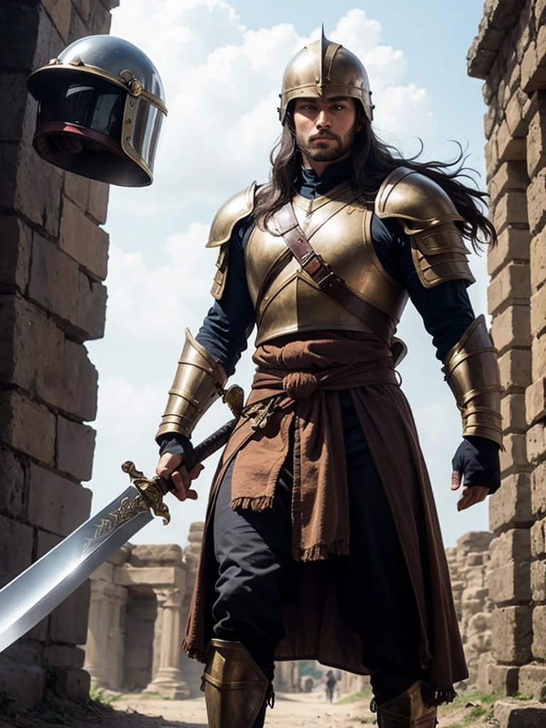 A brown, long-haired man, ancient Numidian warrior, wearing a helmet and armor, he with his sword