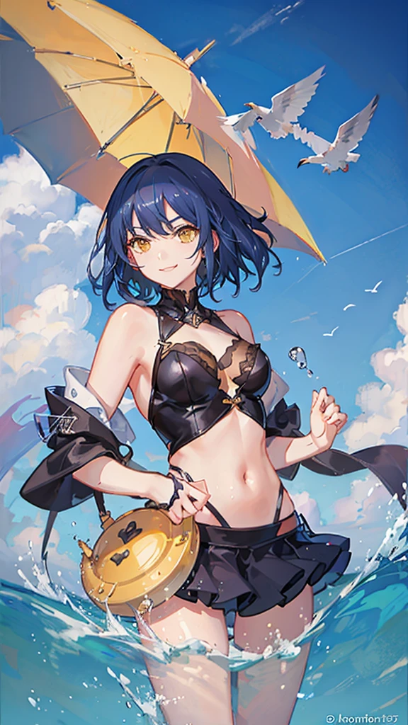 Blue hair, bob hair, Yellow eyes,water splash,smile,sea