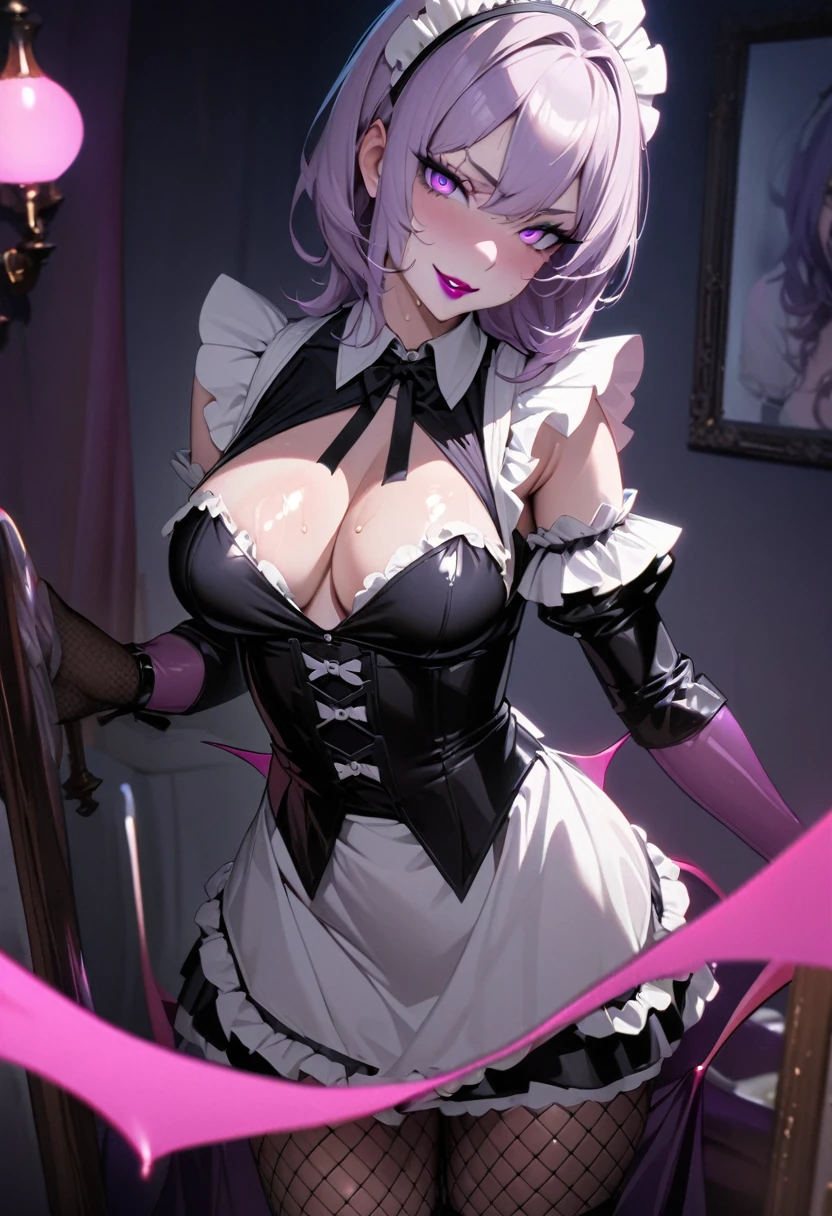1 mature and seductive woman,(Detailed Description,Incredibly absurd,High resolution,8k wallpaper,masterpiece,Highest quality,Depth of region,Anatomically accurate depiction),(Glowing Skin,Shiny skin,Oilskin),((Succubus disguised as a maid)),(black and white maid outfit,Maid Skirt,corset,Fishnet tights,Silk gloves),eyelash,(Luminous purple eyes,Eyes of Madness,There is cleavage in the chest,Bewitching Smile,Glossy lipstick,Seductive gestures,A condescending gaze on the viewer),Sweat,(whole body),(background:Bedroom at night),Pink light,Devil's Wings,(From below:1.2)