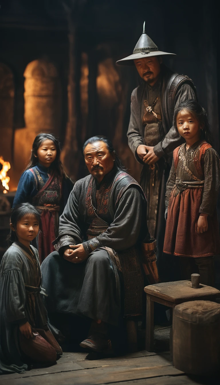 Genghis Khan with his family, showing a more personal and human side of the leader, background dark, hyper realistic, ultra detailed hyper realistic, photorealistic, Studio Lighting, reflections, dynamic pose, Cinematic, Color Grading, Photography, Shot on 50mm lens, Ultra-Wide Angle, Depth of Field, hyper-detailed, beautifully color, 8k