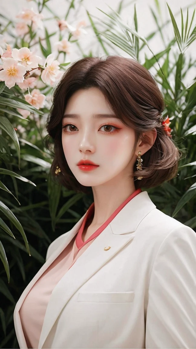 fully body photo，((pores))，fashion magazine，ultrarealism oil painting，（Pure white parrot），white business suit，DEEP-V COLLAR，（long haired neutral woman），((a mature female))，Pink big breasts，Plant cover background，The style of artist Bruce Zheng，shinny hair，cowboy lens，art-deco，Verism，blooms，Award-Awarded，retinas
