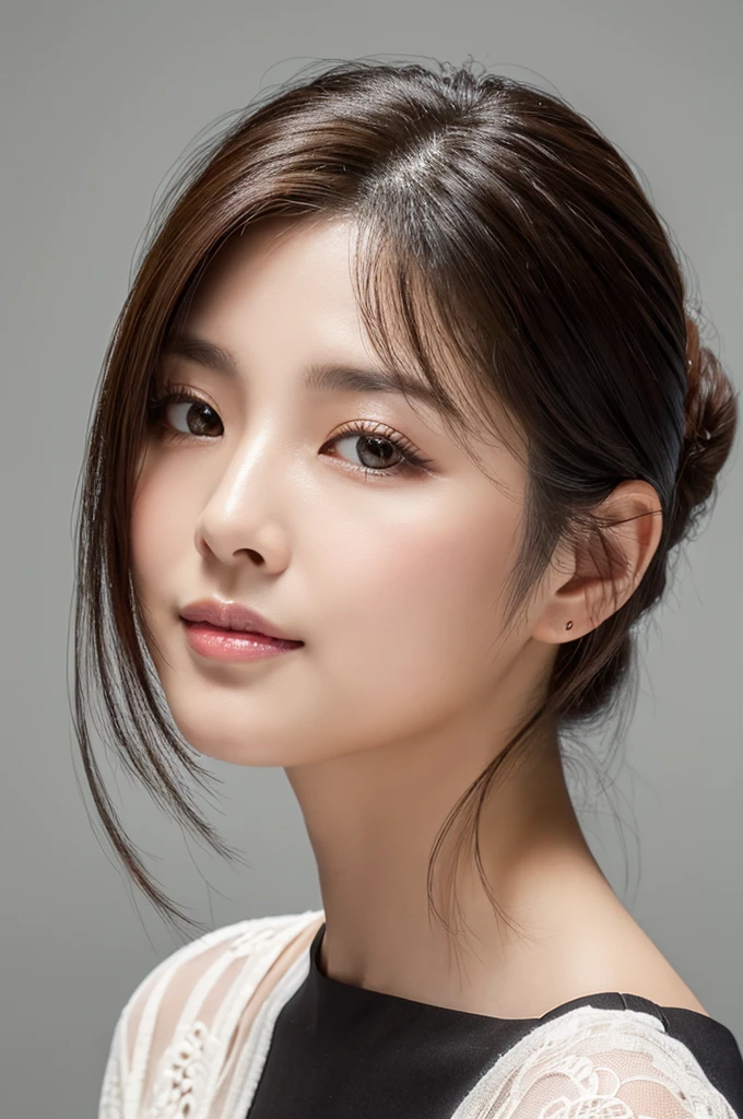 Photorealistic portrait of a 31-year-old Japanese actress, Kasumi Arimura inspired, distinctly East Asian features, soft oval face with gentle jawline and subtly rounded chin, smooth flawless skin with natural subtle yellowish undertone, large captivating almond-shaped dark brown eyes, visible single eyelid fold, straight black eyelashes, low and flat nose bridge with slightly upturned nose tip, full pink lips with gentle curve, prominently soft and plump cheeks with natural fullness giving a youthful and gentle appearance, subtle cheekbones without sharp angles, long lustrous straight black hair with dark brown undertones reaching past shoulders, wispy side-swept bangs framing face, hair parted slightly off-center, slender graceful neck,  yet elegant figure at 160cm tall, wearing a form-fitting off-shoulder black dress or intricate white lace top, small dangling silver earrings, minimal natural makeup with soft peachy blush on rounded cheeks, light pink lip tint and subtle taupe eyeshadow, neatly groomed straight eyebrows, soft diffused studio lighting creating a warm glow, high-key portrait style, ultra high-resolution 8K photograph, gentle and warm expression with a subtle, close-lipped smile, direct eye contact with camera conveying both sweetness and maturity, known for versatile roles in popular Japanese dramas and films