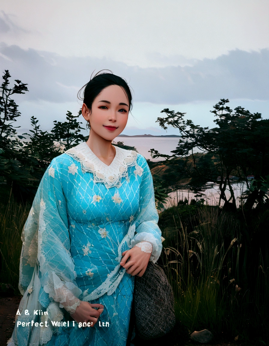 a perfect well-lit (closeup:1.15) (medium shot portrait:0.6) photograph of a beautiful woman standing on the hiking trail, wearing an intriguing outfit, looking at me, coy slight smile